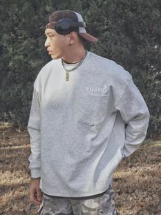 复古宽松原创休闲小领口上衣 重磅花灰圆领长袖 YUANQ基础款 美式