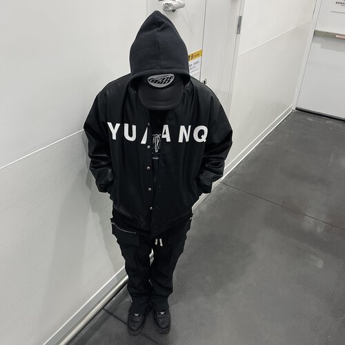 YUANQ 22AW全黑皮革棒球服夹克夹棉美式复古宽松休闲外套国潮上衣
