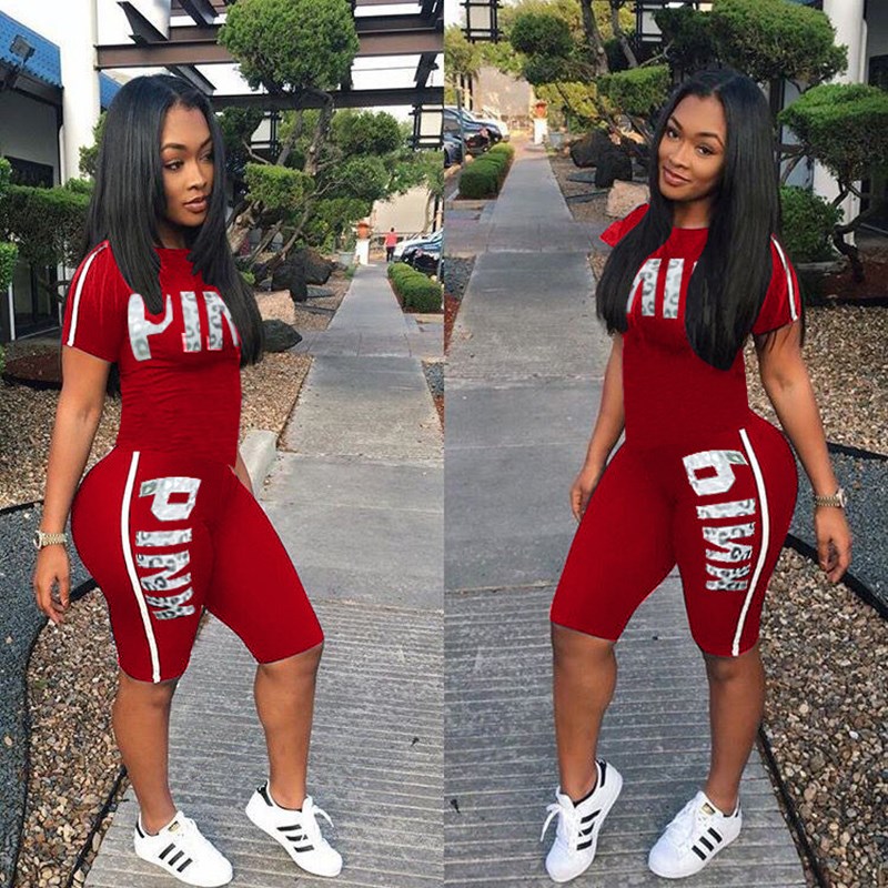 Fanco Casual Pink Letter Print Women Two Piece Set New Summe