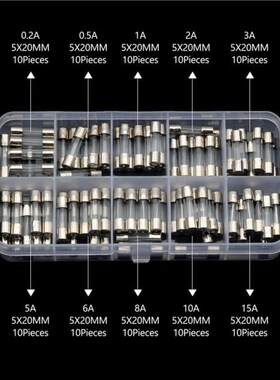 100Pcs 0.2A/0.5A/2A/3A/5A/6A/8A/10A/15A Glass Tube Fuse Set
