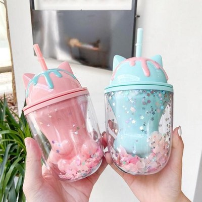 250ml Cartoon Cat Paw Plastic Water Cup Fashion Cherry Bloss
