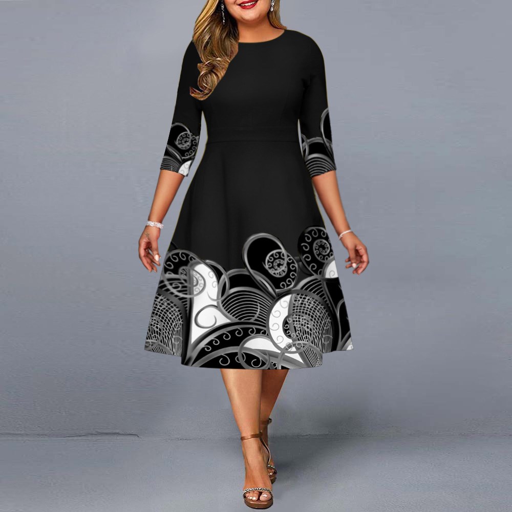 Plus Size Dresses Elegant Tribal Print Casual Midi Dress Bla