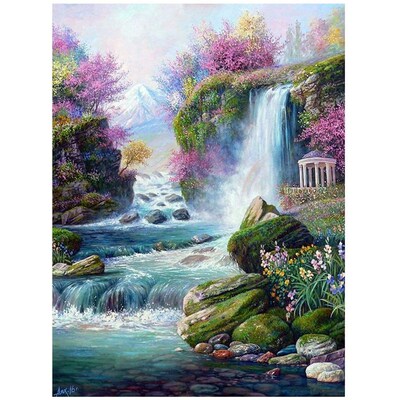 Diamond Painting Kits, Waterfall Stream Flowers Mountain Ful