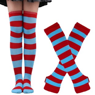 Striped Arm Sleeve Thumbhole Sleeves Knee High Socks Set for