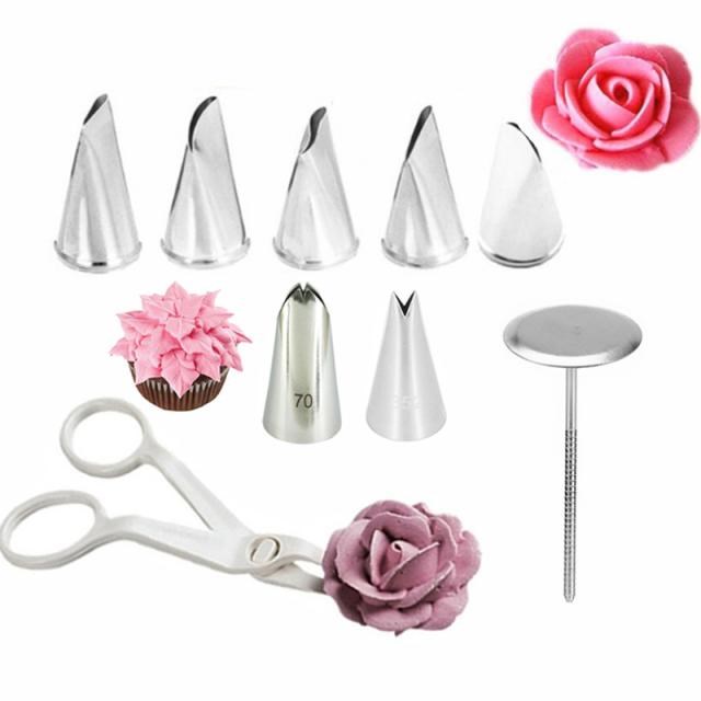 9Pcs/set Flower Scissor+Cake Tray +7pcs Tulips Rose Nozzle L