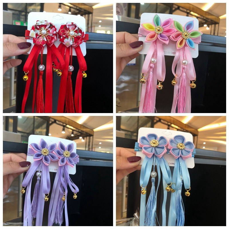 2pcs/lot Ribbon Flower Tassel Hairpins Hair Clips for Girls