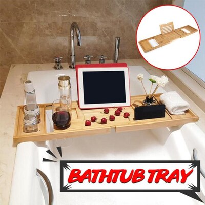 Extendable Bamboo Bath Caddy Tray Adjustable Home Spa Wooden