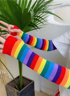 Elbow Length Fingerless Gloves Arm Sleeve Warmer Rainbow Col