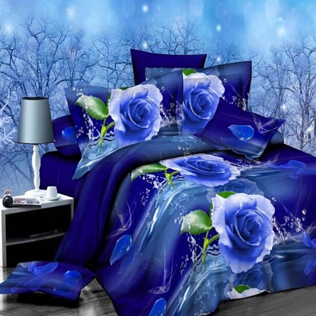 4Pcs/set 3D Luxury Blue Rose Printed Bedding Set Quilt Cover
