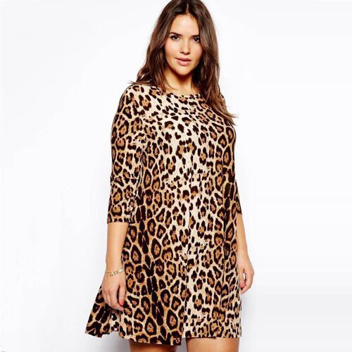 Plus Size Casual Leopard Dress Women Three Quarter Sleeve Kn