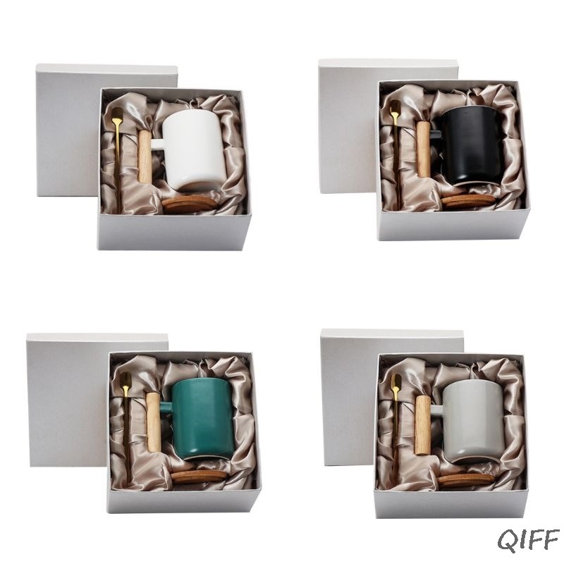 Coffee Mug with Lid and Spoon Wooden Handle Ceramic Milk Tea