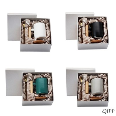 Coffee Mug with Lid and Spoon Wooden Handle Ceramic Milk Tea