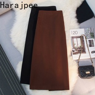 Harajpee Woolen Skirt A-line Solid Office Lady Retro Mid-len