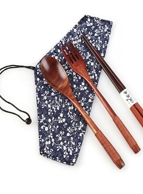 3-piece Set Wooden Chopsticks Spoon Fork Set Portable Travel