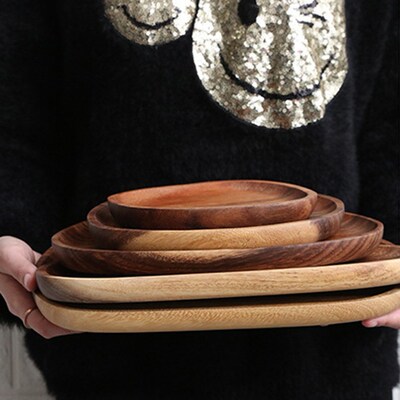 Solid Wood Acacia Tableware Plate Irregular Oval Tea Dessert