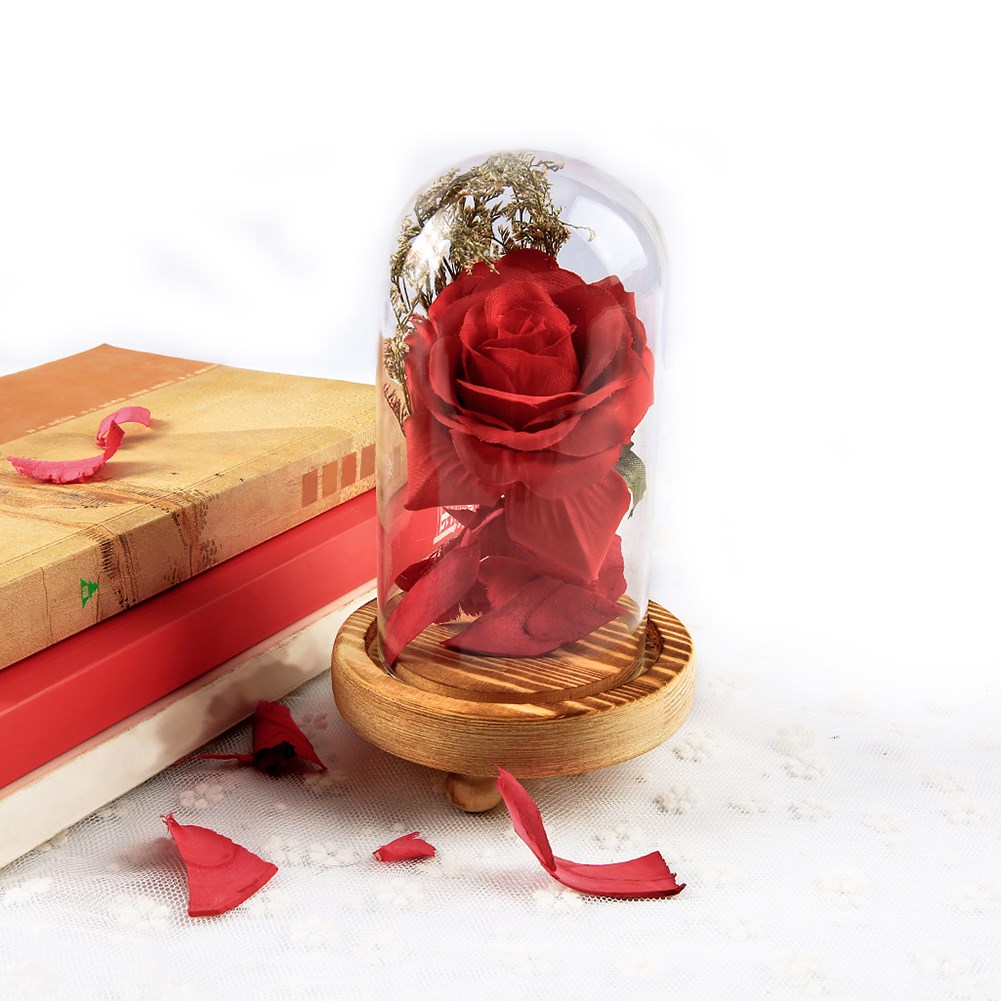 Wooden Base Glass Dome Rose Flower Decoration Desktop Bedroo