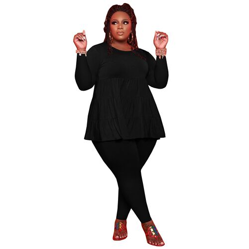 Plus Size Set Women Long Sleeve Ruffles Top and Pants Set Tw