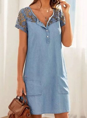 2021 Summer Women's Dresses Short Sleeve Flower Lace Patchwo