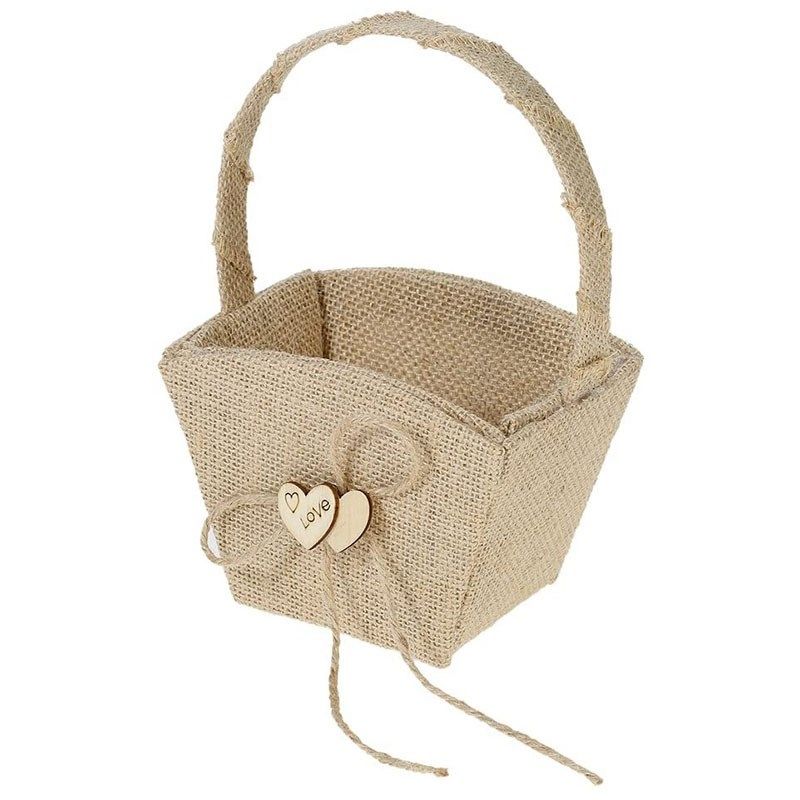 vintage rustic wedding burlap flower girl basket with wooden