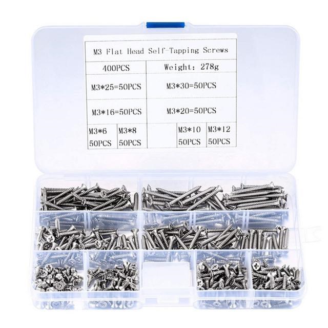 400PCS/Box M3 Cross Flat Head Self Tapping Screw Assortment