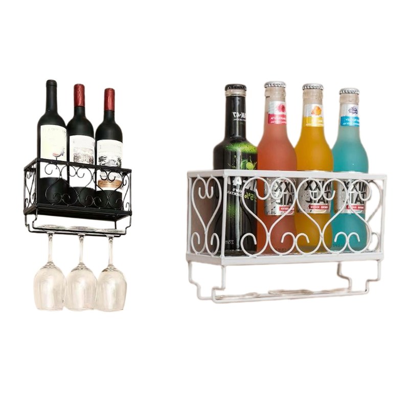 Wall Mounted Wine Rack Bottle Glass Holder with Goblets Stem