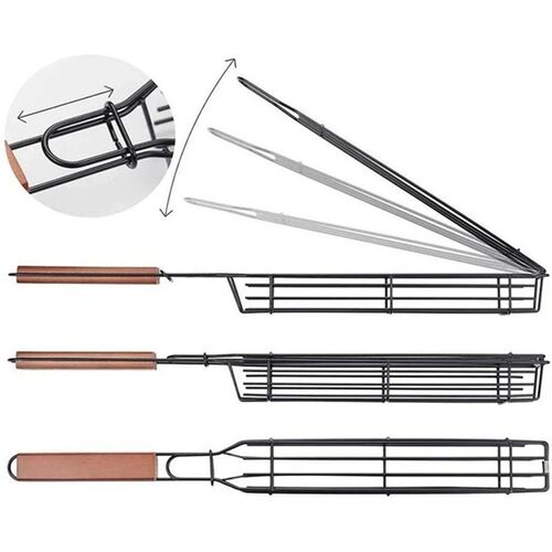 BBQ Grill Mesh Grilling Basket Wooden Handle Barbecue Tool P