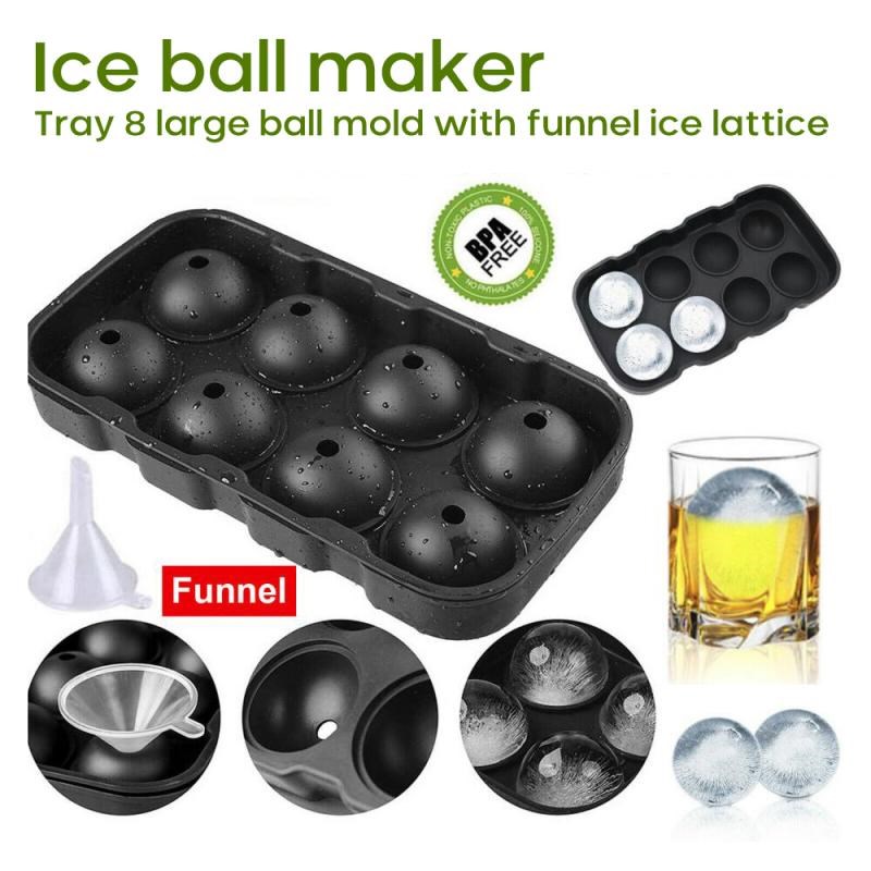 8 Cell Ice Ball Mold Silicone Ice Trays  With Funnel Whiskey