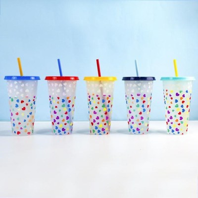Color Changing Love Straw Cup With Lid Plastic Tumbler Coffe
