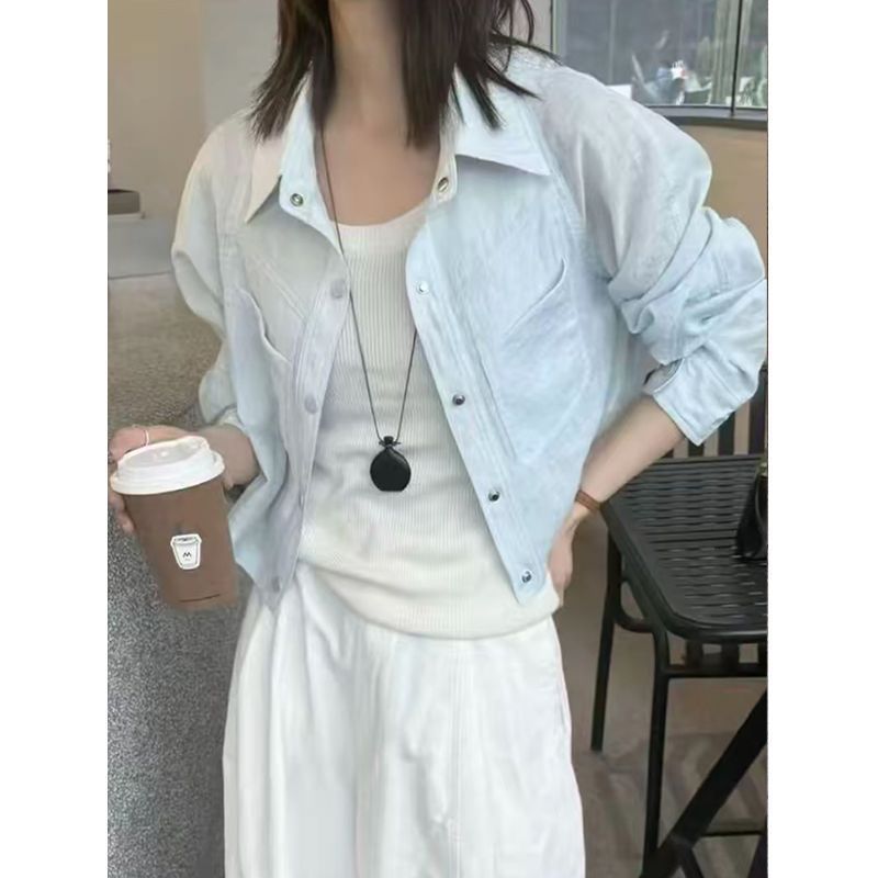 夏季流行翻领长袖浅蓝防晒衬衫女显瘦百搭短款潮流防晒韩系衬衫女
