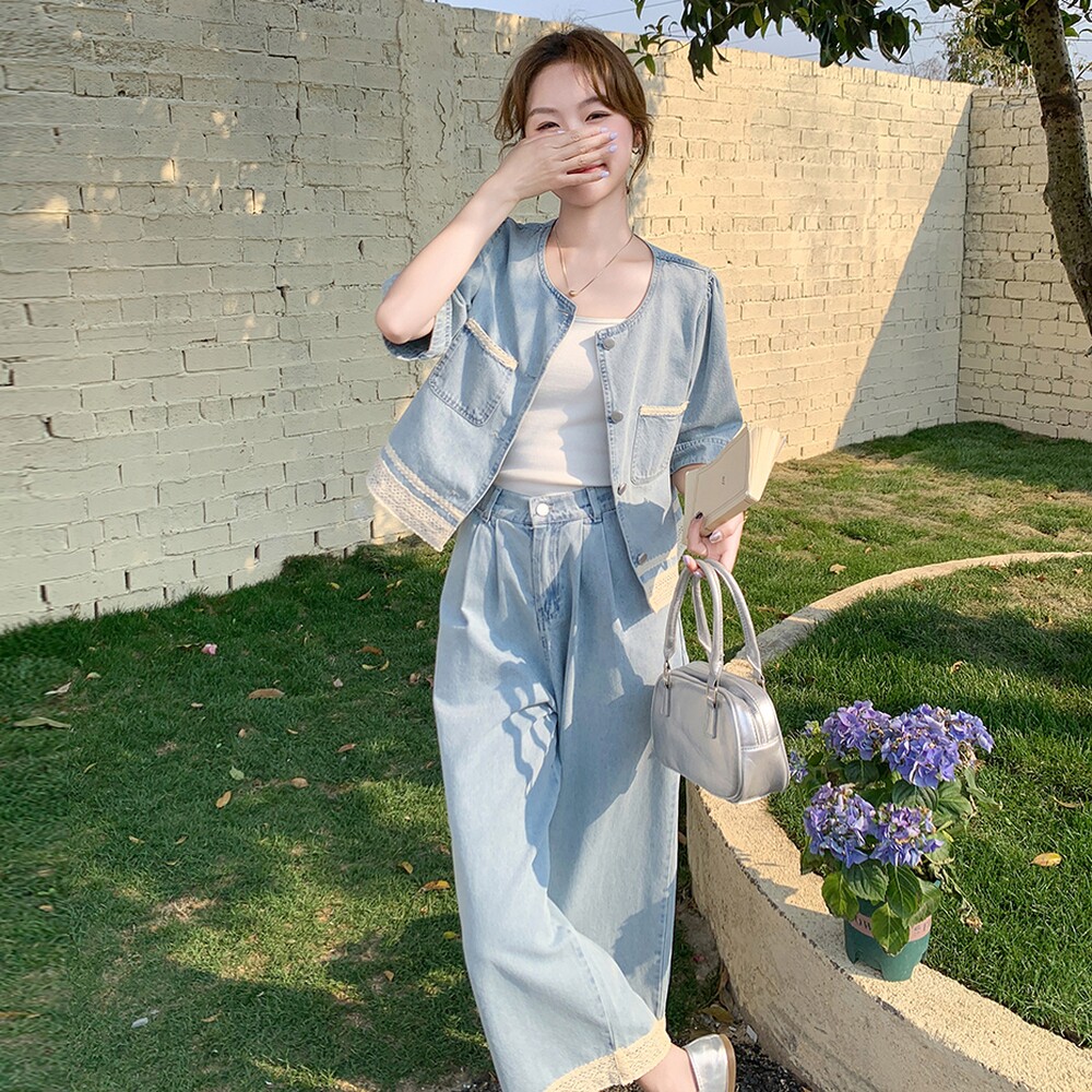 蓝色蕾丝拼接牛仔套装裙女夏季2025新款气质休闲上衣阔腿裤两件套