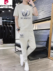 皮尔卡丹冰丝运动服套装夏季新款短袖T恤男士休闲舒适长裤两件套
