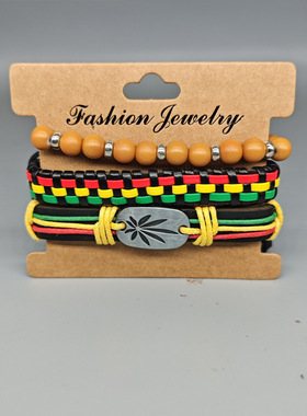 牙买加套装红黄绿编织皮革手链学生嘻哈hiphop街舞可调撞色多巴胺