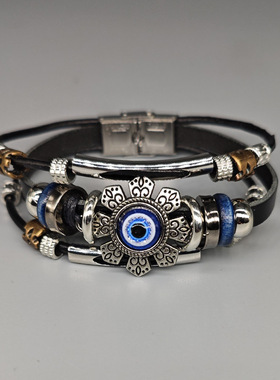 土耳其邪恶之眼手链男潮流欧美复古多层朋克皮革手环异域风情手饰