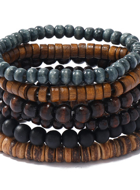 跨境热销新款配饰简约手工串珠手镯文艺复古弹力线椰壳木珠手链