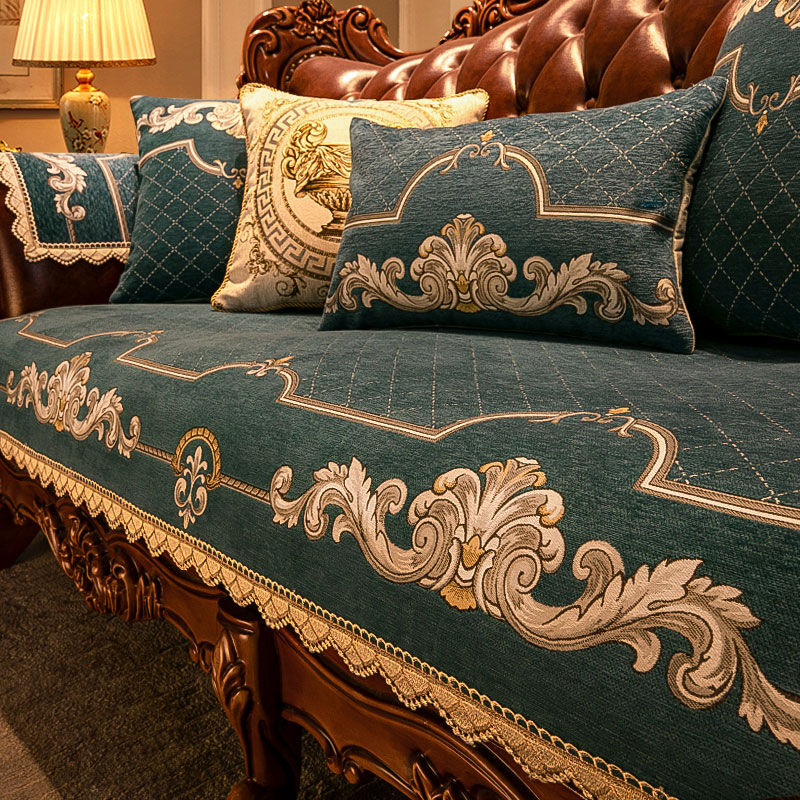 圆庐欧式沙发垫高端美式套罩雪尼尔四季通用客厅滑坐垫贝多芬+蓝