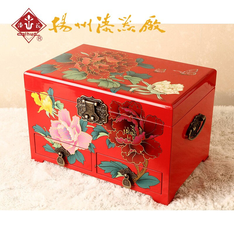 扬州漆器厂漆花彩绘首饰珠宝带镜子多层带抽屉收纳整理化妆首饰盒