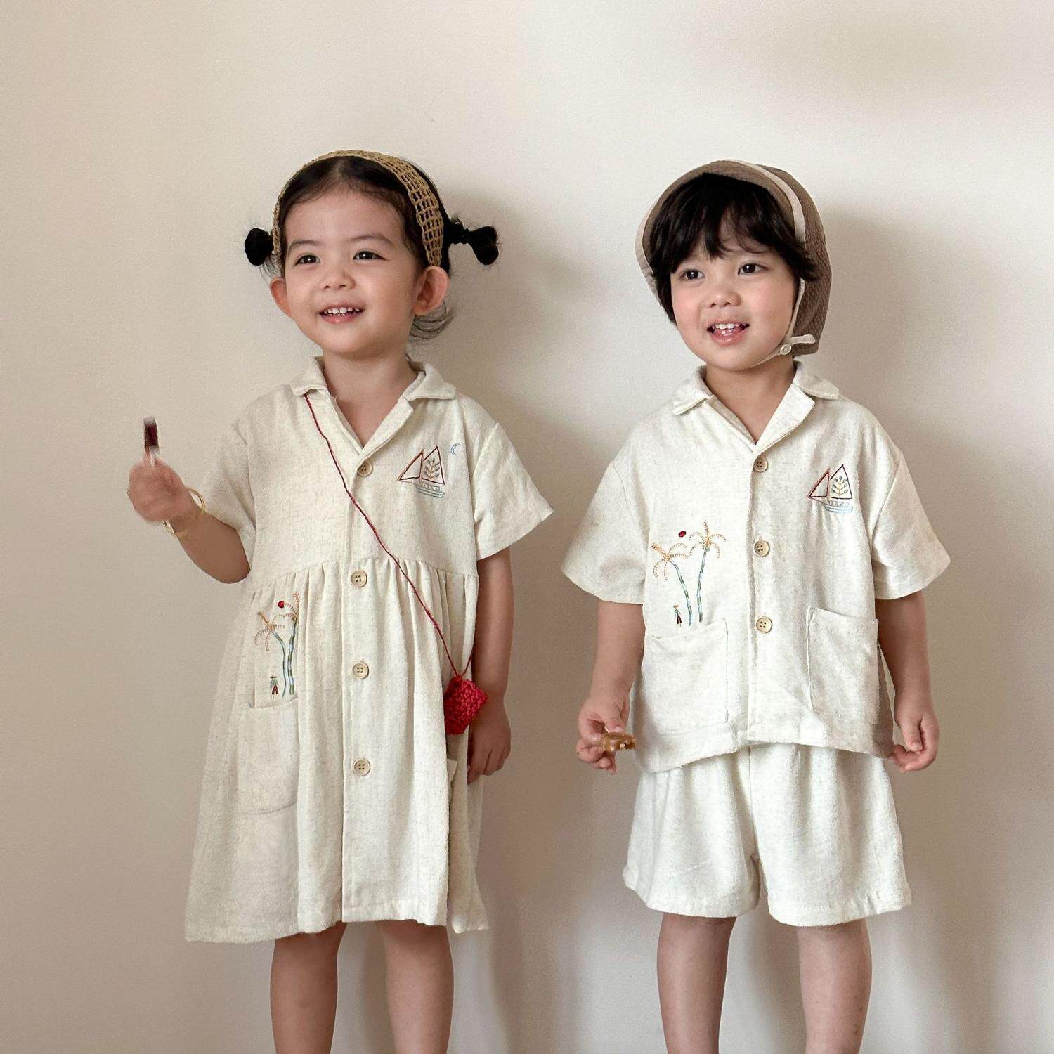 儿童夏季亚麻衬衫套装男童新款夏装宝宝洋气女童短袖连衣裙兄妹款