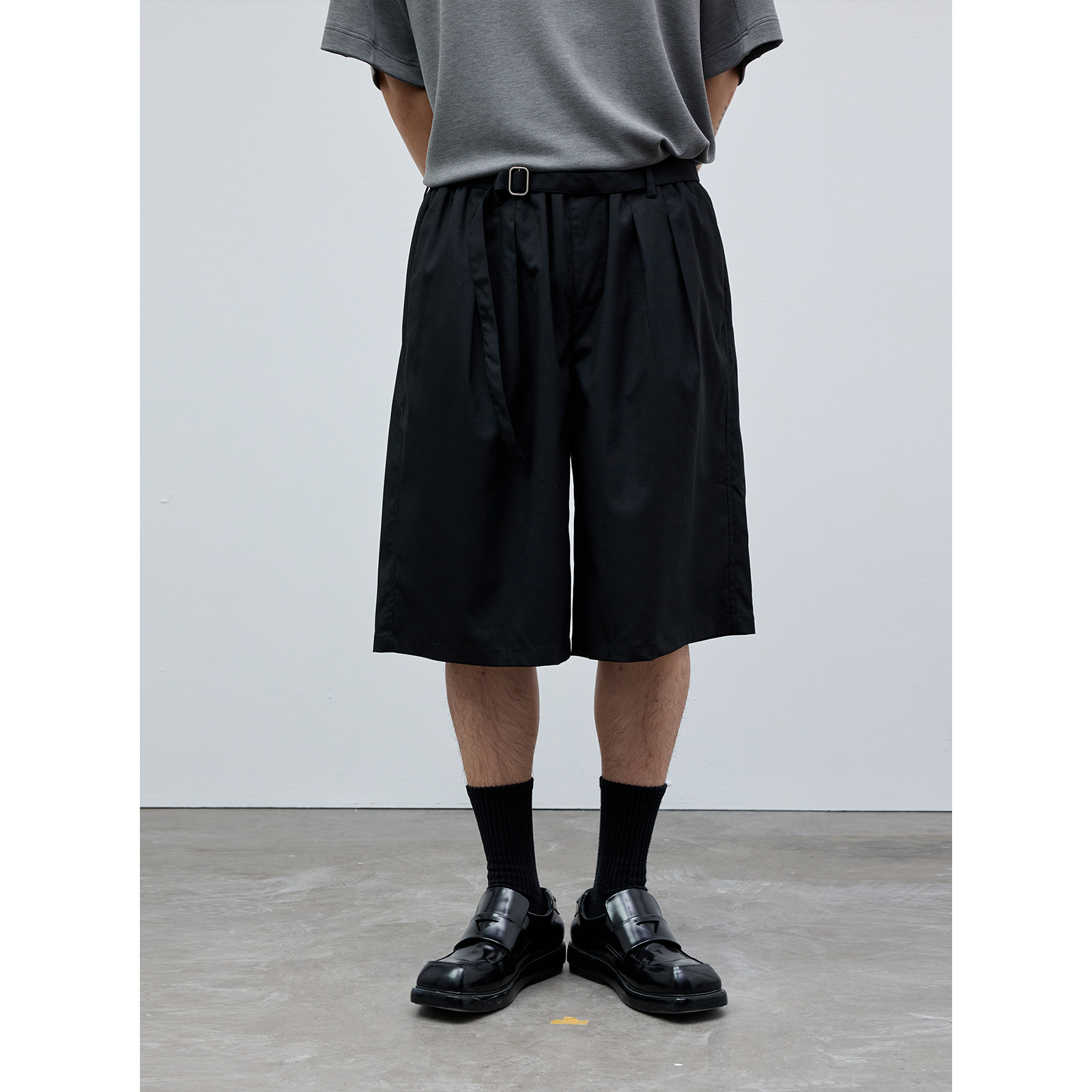 Costful Ro TR羊毛混纺百慕大西裤短裤 自带腰带捏褶阔腿五分裤