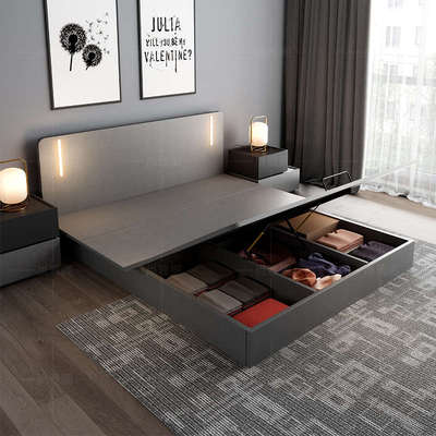 日式榻榻米床简约现代双人主卧室大床1.8米黑色高箱体储物地台床