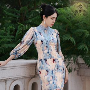 四美子改良年轻款高端气质花色旗袍女喜晴2023秋冬新年礼服连衣裙