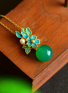 带925银色绿玉髓吊坠冷珐琅花朵宫廷古风玉石挂件项链