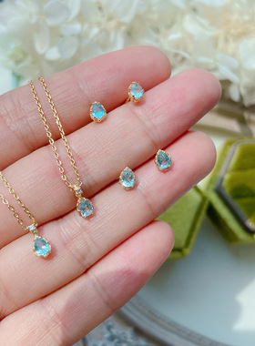 日系轻奢 蓝天花朵海蓝宝水滴彩宝s925银10k金项链耳钉女