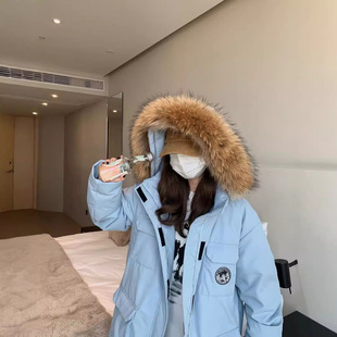 英国cherry kitty蓝色工装羽绒服女中长款冬季白鸭绒大毛领派