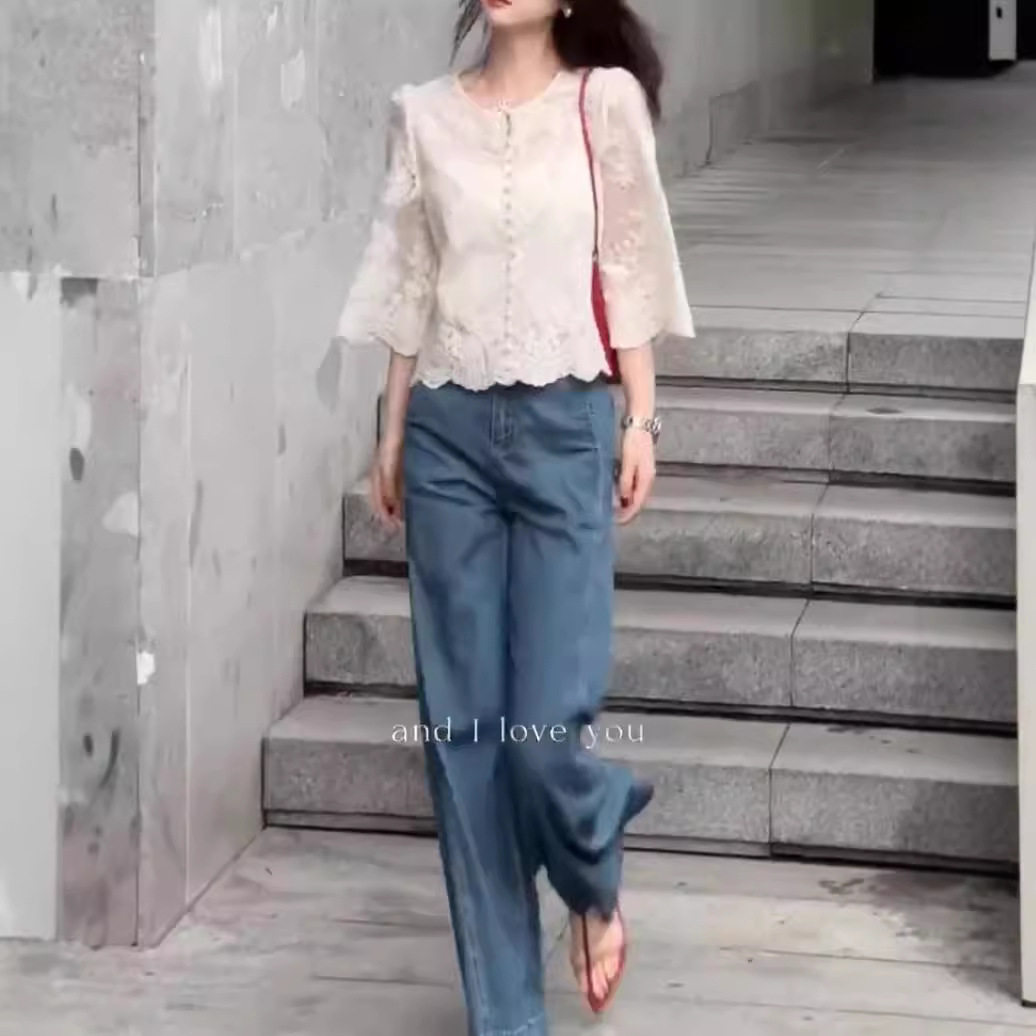 英国moleubak新款法式高级感白色蕾丝上衣垂感阔腿裤女装