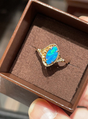 日式s925银 幻蛋白石 静谧森林  橄榄形 眼睛花纹 蓝欧泊戒指