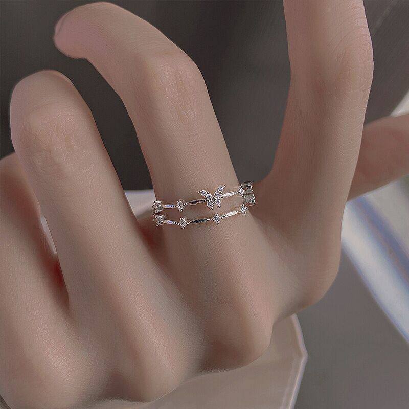 日系设计师topwhits925银双层蝴蝶戒指女轻奢甜美闪钻指环小众