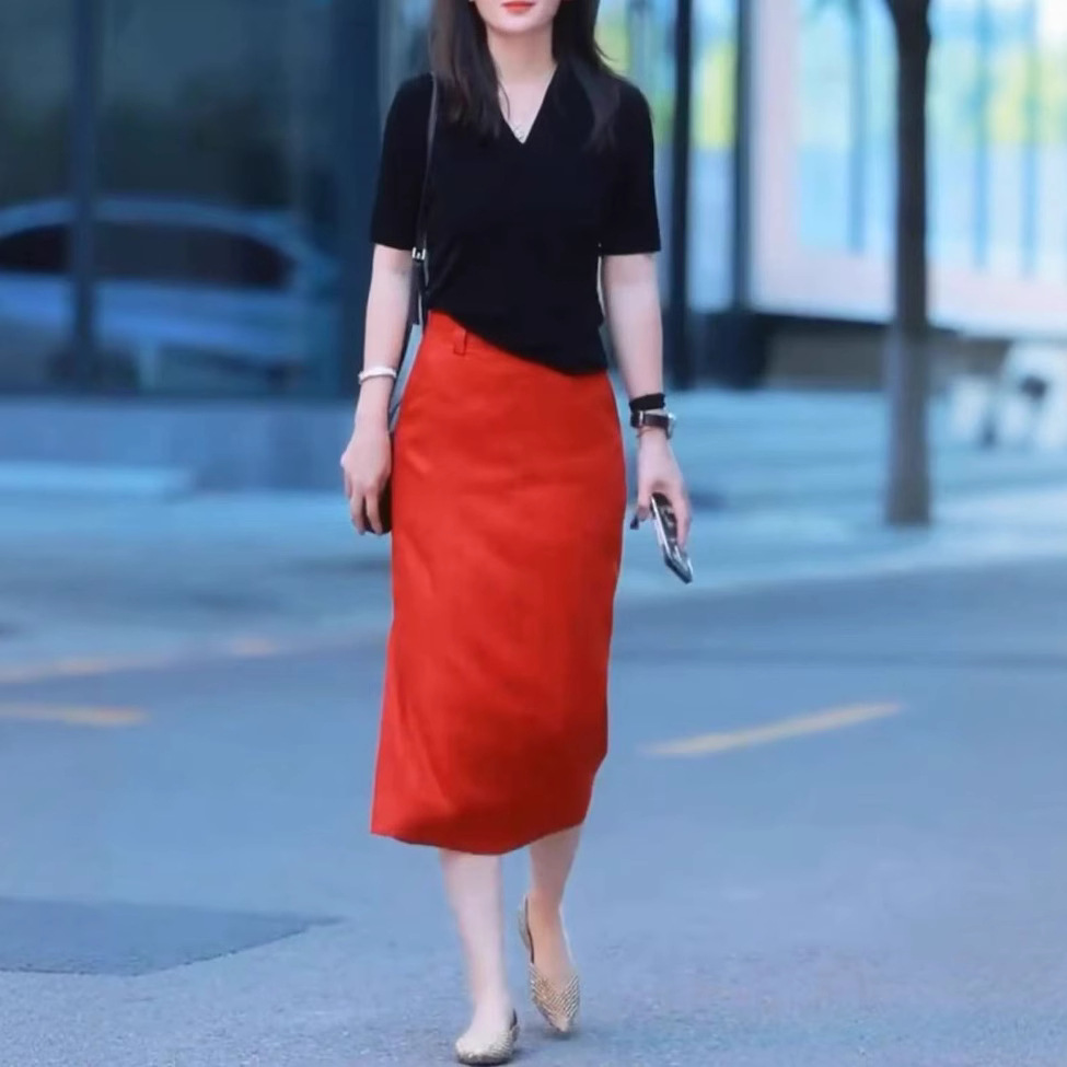 英国moleubak夏季新款轻熟风v领短袖上衣高腰开叉半身裙女