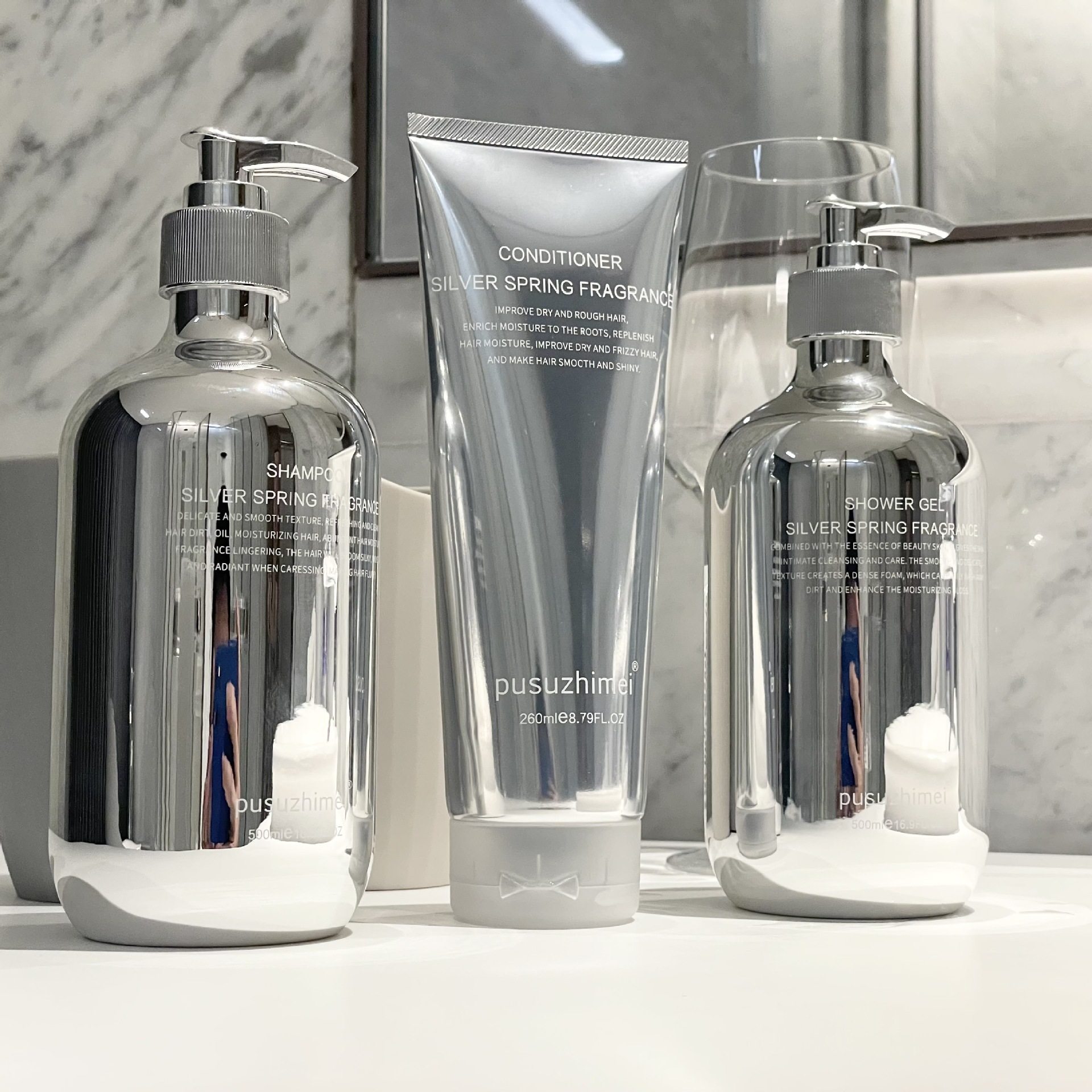 新款推荐银色水泉洗发水护发素沐浴露膏身体乳清洁套装男女生