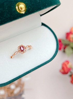 日系24秋夕阳火红 红石榴石画框 丝带花边 银镀10k金戒指