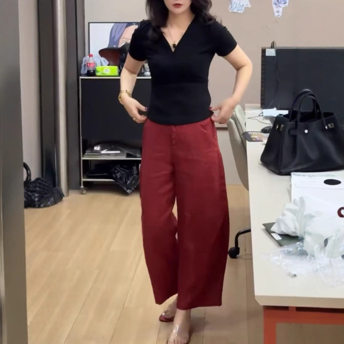 英国moleubak夏季新款净版v领短袖上衣高腰直筒裤时尚显瘦